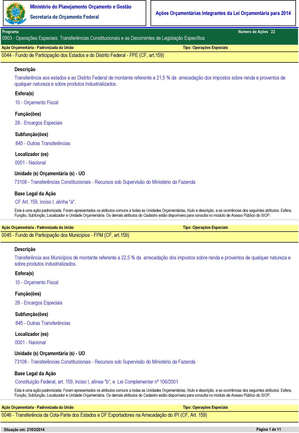 CF Art. 159, inciso I, alinha "a". 0045 - Fundo de Participação dos Municípios - FPM (CF, art.