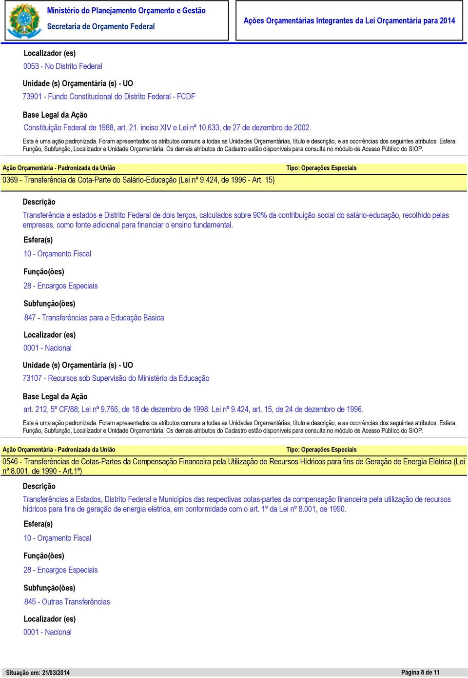 fundamental. 847 - Transferências para a Educação Básica 73107 - Recursos sob Supervisão do Ministério da Educação art. 212, 5º CF/88; Lei nº 9.766, de 18 de dezembro de 1998: Lei nº 9.424, art.