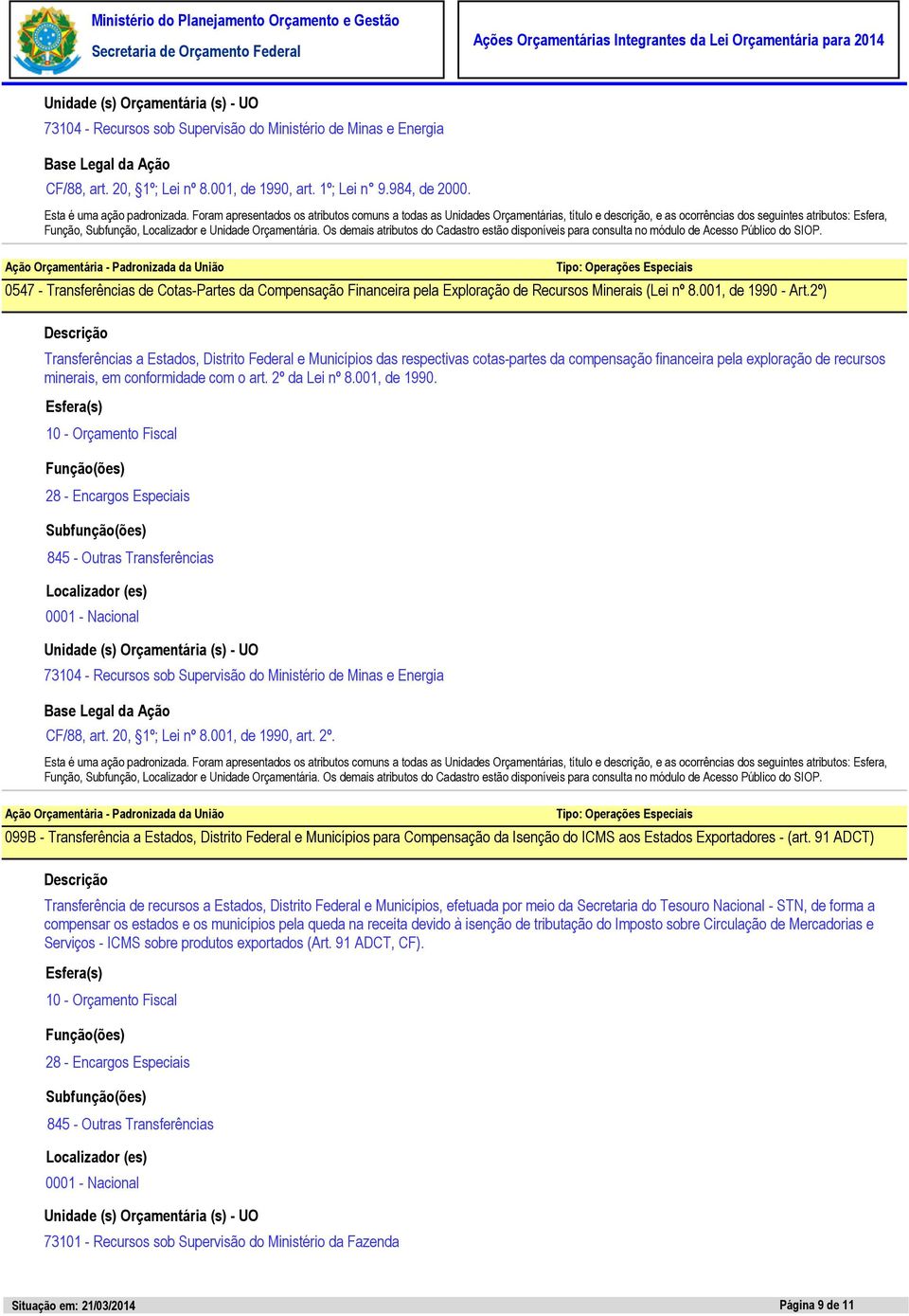 2º) Transferências a Estados, Distrito Federal e Municípios das respectivas cotas-partes da compensação financeira pela exploração de recursos minerais, em conformidade com o art. 2º da Lei nº 8.