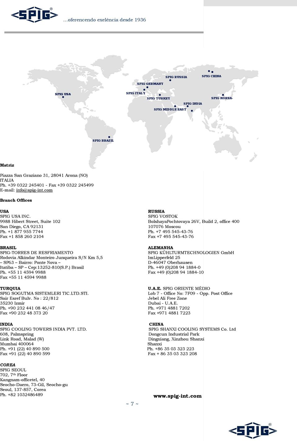 +7 495545-43-76 Fax +1 8582602104 Fax +7 495545-43-76 BRASIL ALEMANHA SPIG-TORRES DE RESFRIAMENTO SPIG KÜHLTURMTECHNOLOGIEN GmbH Rodovia Alkindar Monteiro Junqueira S/N Km 5,5 ImLipperfeld 25 SP63