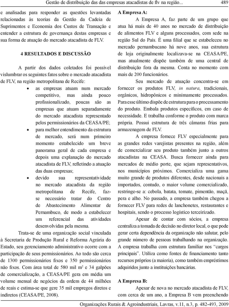 empresas e sua forma de atuação do mercado atacadista de FLV.