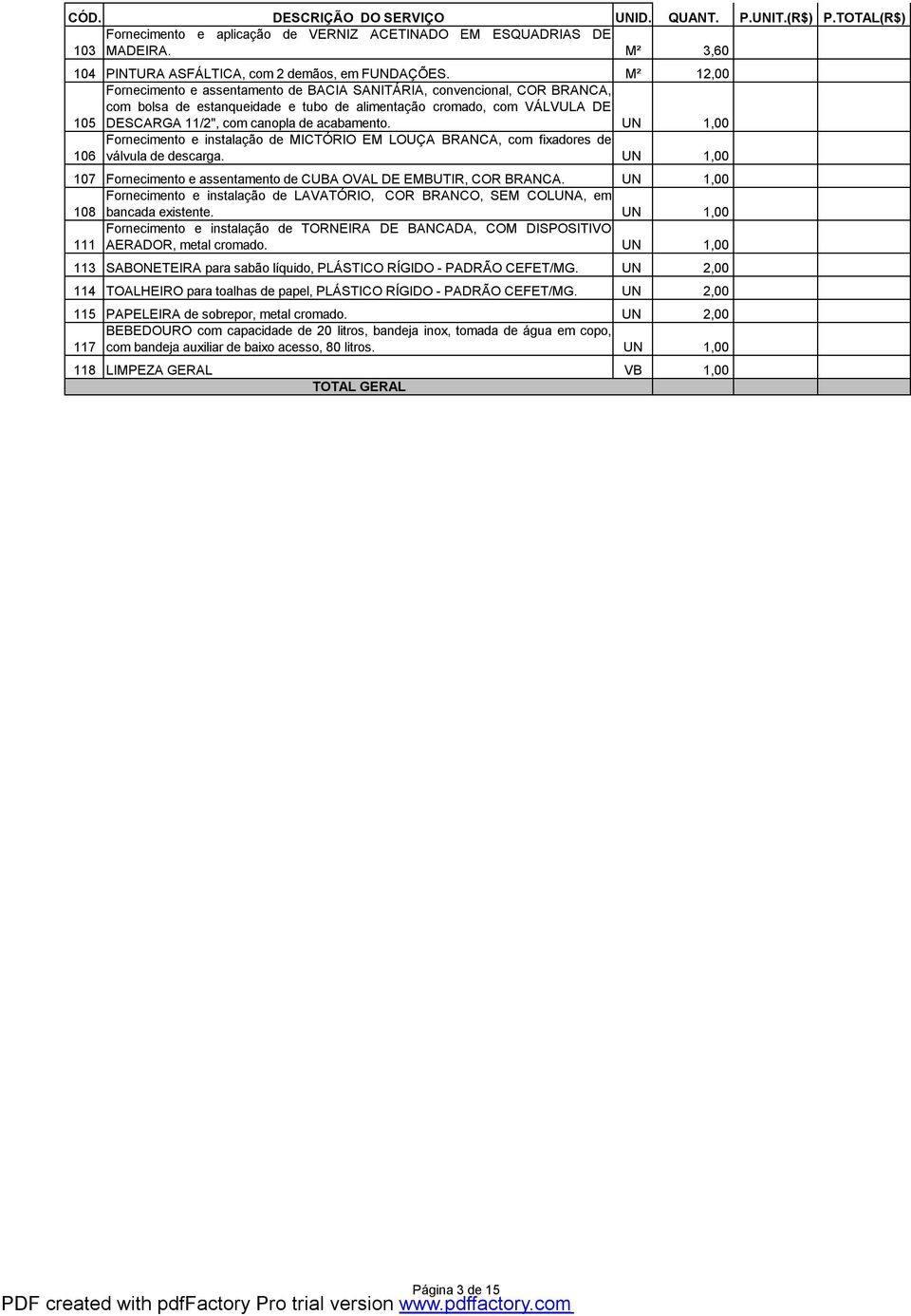 acabamento. UN 1,00 106 Fornecimento e instalação de MICTÓRIO EM LOUÇA BRANCA, com fixadores de válvula de descarga. UN 1,00 107 Fornecimento e assentamento de CUBA OVAL DE EMBUTIR, COR BRANCA.