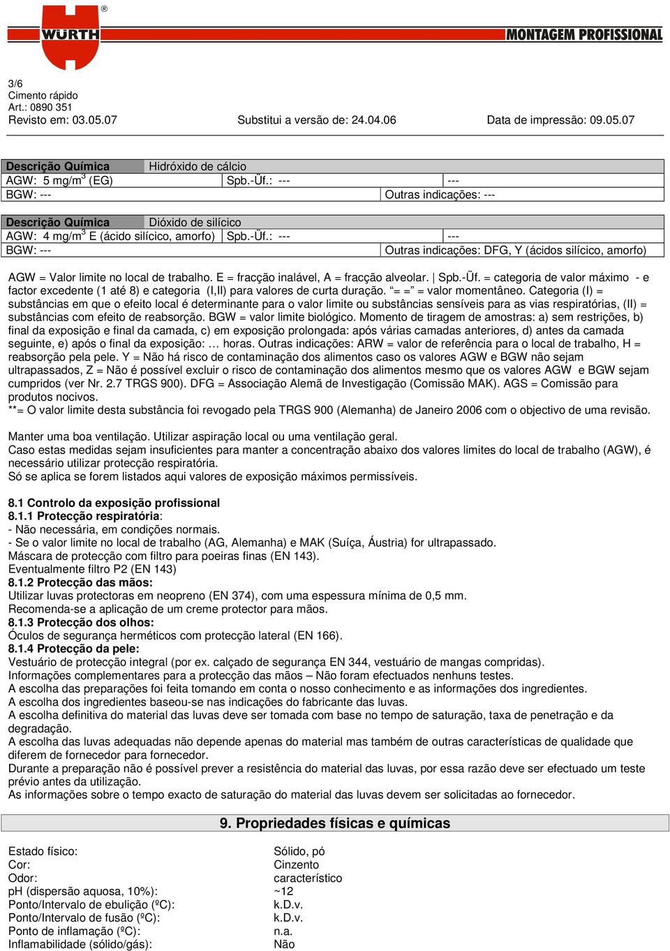 Categoria (I) = substâncias em que o efeito local é determinante para o valor limite ou substâncias sensíveis para as vias respiratórias, (II) = substâncias com efeito de reabsorção.