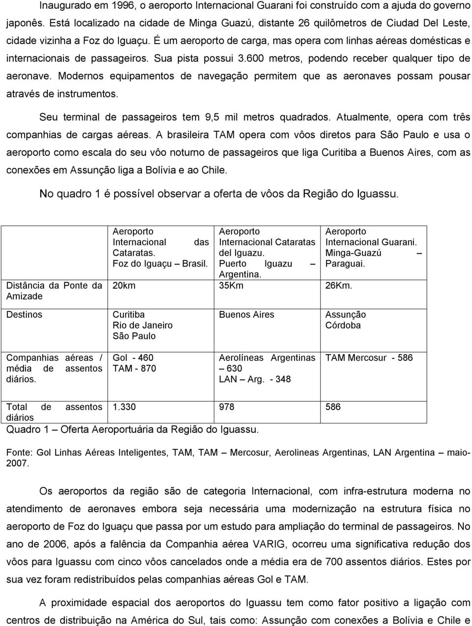 É um aeroporto de carga, mas opera com linhas aéreas domésticas e internacionais de passageiros. Sua pista possui 3.600 metros, podendo receber qualquer tipo de aeronave.