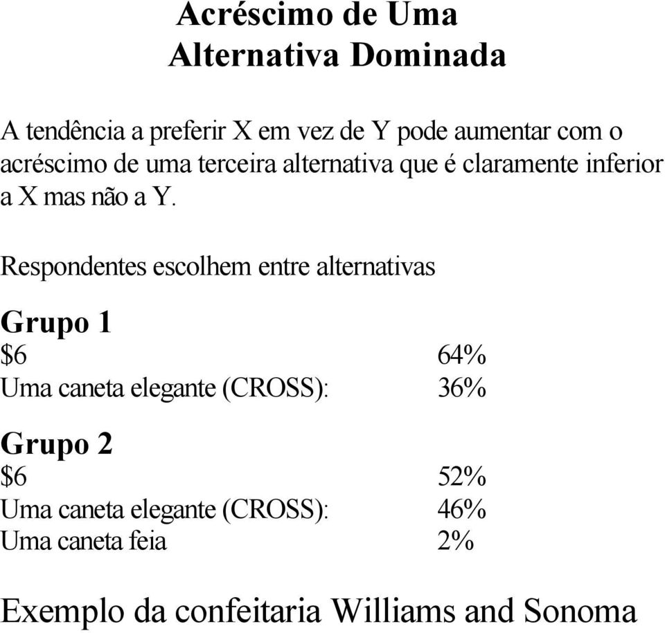 Respondentes escolhem entre alternativas Grupo 1 $6 64% Uma caneta elegante (CROSS): 36%