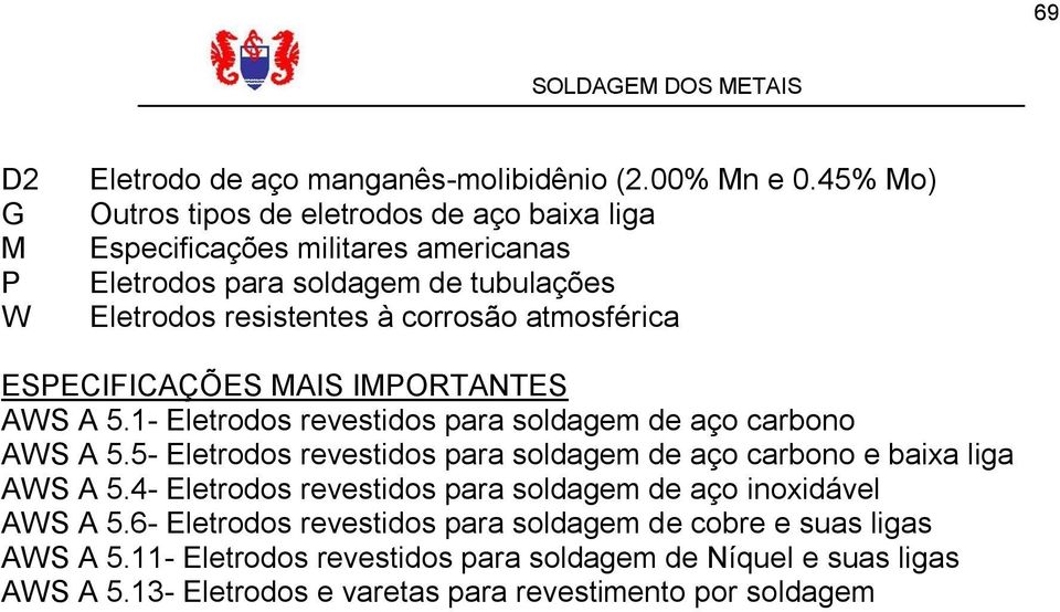 atmosférica ESPECIFICAÇÕES MAIS IMPORTANTES AWS A 5.1- Eletrodos revestidos para soldagem de aço carbono AWS A 5.