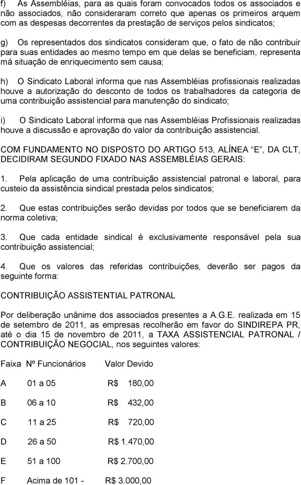 sem causa; h) O Sindicato Laboral informa que nas Assembléias profissionais realizadas houve a autorização do desconto de todos os trabalhadores da categoria de uma contribuição assistencial para