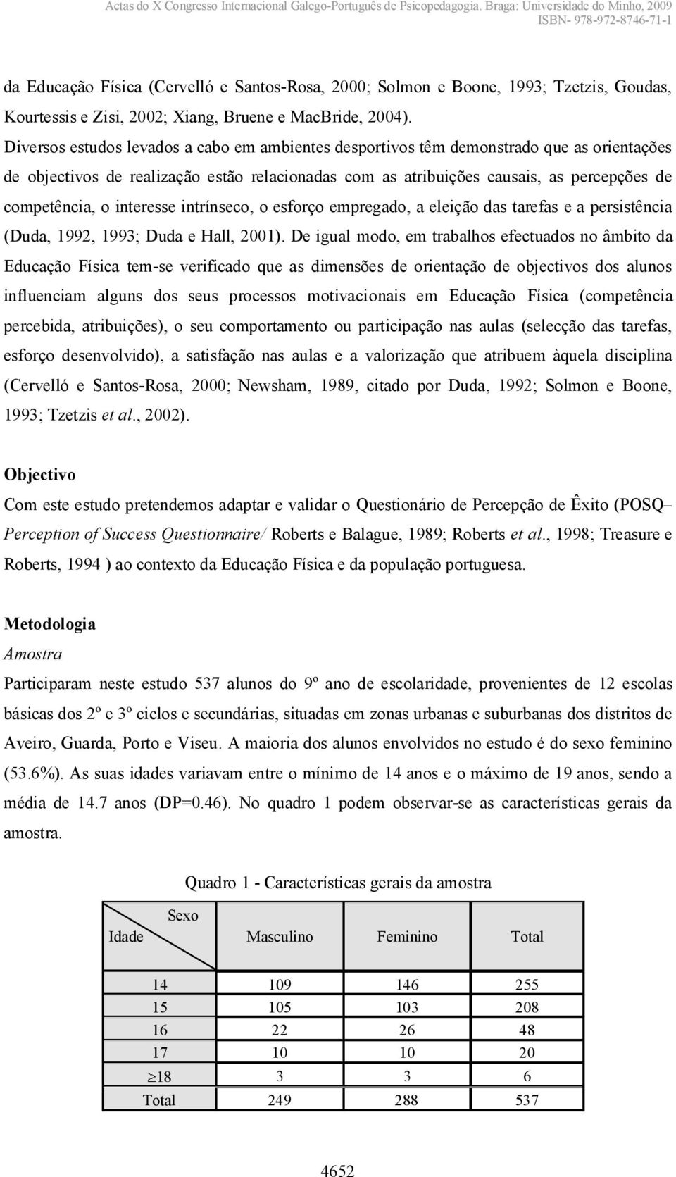 interesse intrínseco, o esforço empregado, a eleição das tarefas e a persistência (Duda, 1992, 1993; Duda e Hall, 2001).