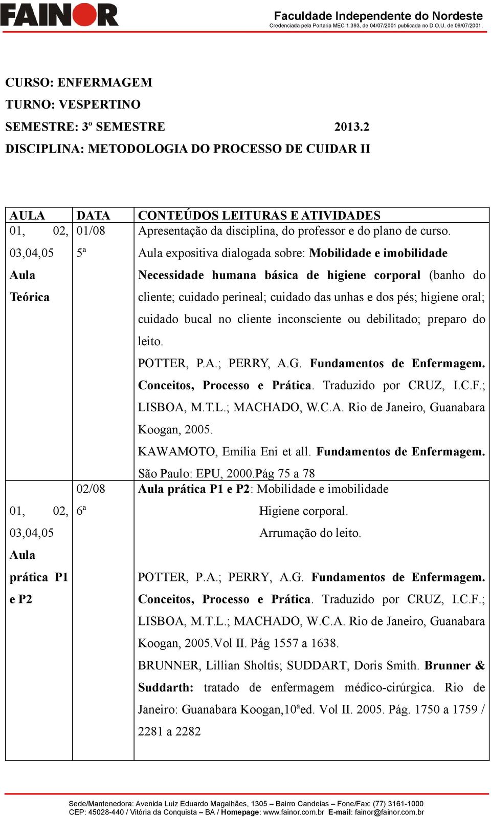 03,04,05 5ª expositiva dialogada sobre: Mobilidade e imobilidade Necessidade humana básica de higiene corporal (banho do cliente; cuidado perineal; cuidado das unhas e dos pés; higiene oral; cuidado