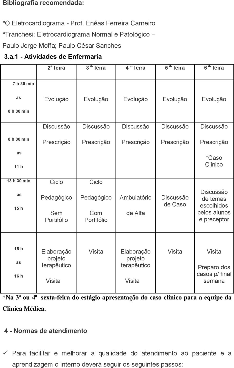 feira 7 h 30 min Evolução Evolução Evolução Evolução Evolução 8 h 30 min 8 h 30 min 11 h *Co Clinico 13 h 30 min Ciclo Ciclo 15 h Pedagógico Sem Portifólio Pedagógico Com Portifólio Ambulatório de