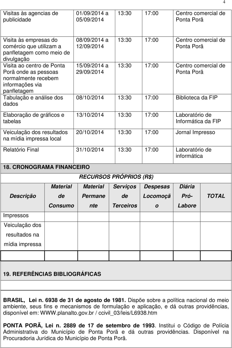 12/09/2014 15/09/2014 a 29/09/2014 13:30 17:00 Centro comercial Ponta Porã 13:30 17:00 Centro comercial Ponta Porã 08/10/2014 13:30 17:00 Biblioteca da FIP 13/10/2014 13:30 17:00 Laboratório