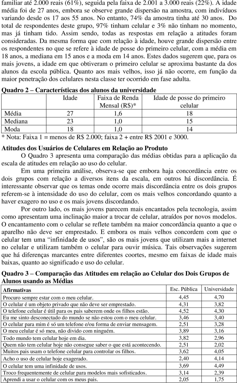 Do total de respondentes deste grupo, 97% tinham celular e 3% não tinham no momento, mas já tinham tido. Assim sendo, todas as respostas em relação a atitudes foram consideradas.