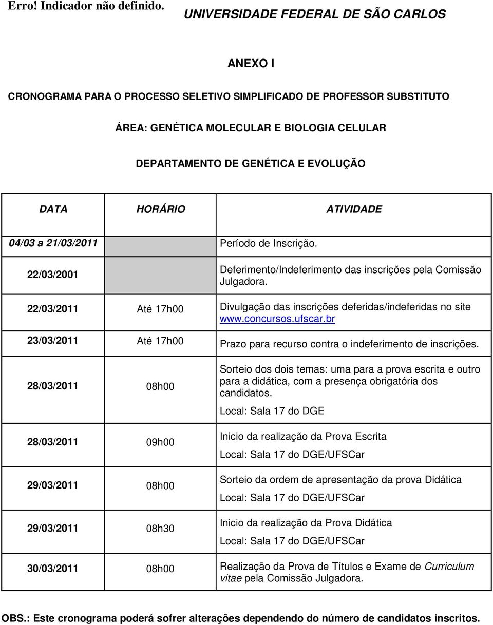 concursos.ufscar.br 23/03/2011 Até 17h00 Prazo para recurso contra o indeferimento de inscrições.