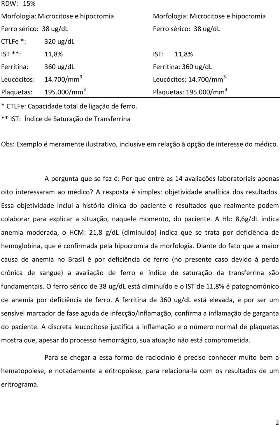 ** IST: Índice de Saturação de Transferrina Obs: Exemplo é meramente ilustrativo, inclusive em relação à opção de interesse do médico.