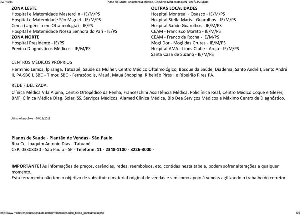 Morato - IE/M/PS CEAM - Franco da Rocha - IE/M/PS Mogi Dor - Mogi das Cruzes - IE/M/PS Hospital AMA - Lions Clube - Arujá - IE/M/PS Santa Casa de Suzano - IE/M/PS CENTROS MÉDICOS PRÓPRIOS Hermínio