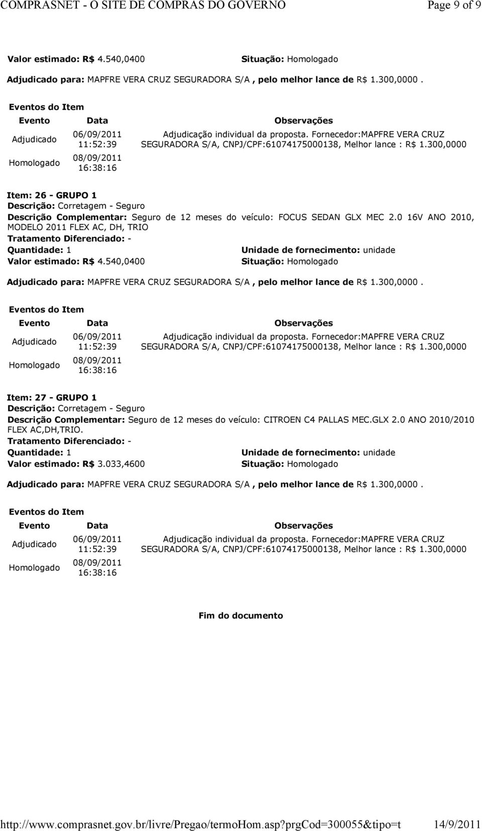 540,0400 para: MAPFRE VERA CRUZ SEGURADORA S/A, pelo melhor lance de R$ 1.300,0000. 16:38:16 SEGURADORA S/A, CNPJ/CPF:61074175000138, Melhor lance : R$ 1.