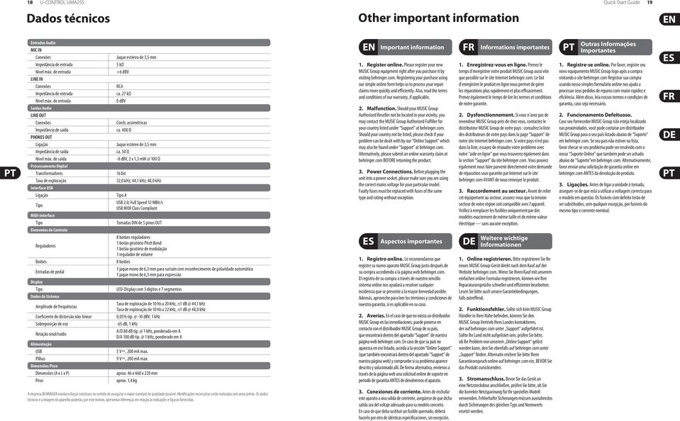 de saída Processamento Digital Transformadores Taxa de exploração Interface USB Ligação Jaque estéreo de 3,5 mm 5 kω +6 dbv Important information Informations importantes Outras Informações