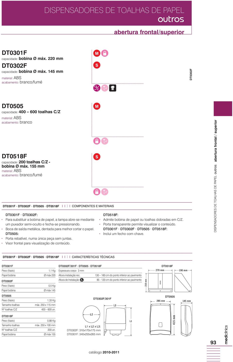 155 mm material: ABS acabamento: branco/fumé DT0301F DT0302F DT0505 DT0518F DT0301F DT0302F: Para substituir a bobina de papel, a tampa abre-se mediante um puxador semi-oculto e fecha-se pressionando.