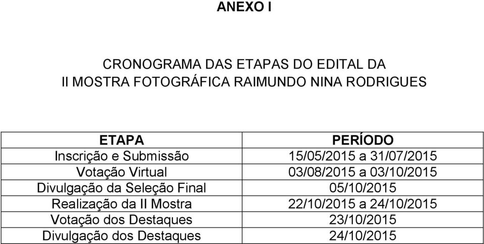 03/08/2015 a 03/10/2015 Divulgação da Seleção Final 05/10/2015 Realização da II
