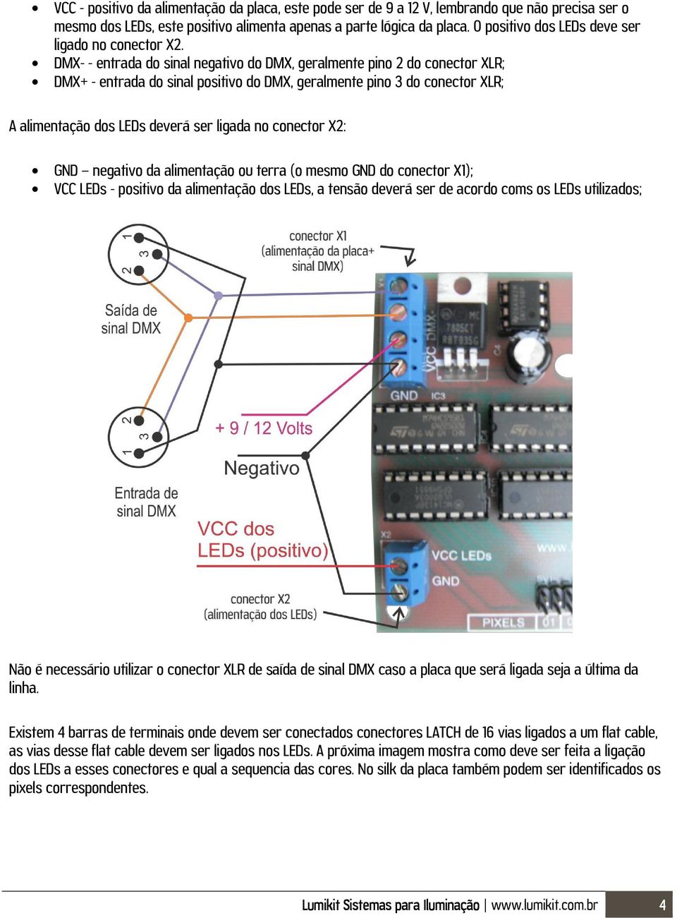 DMX- - entrada do sinal negativo do DMX, geralmente pino 2 do conector XLR; DMX+ - entrada do sinal positivo do DMX, geralmente pino 3 do conector XLR; A alimentação dos LEDs deverá ser ligada no