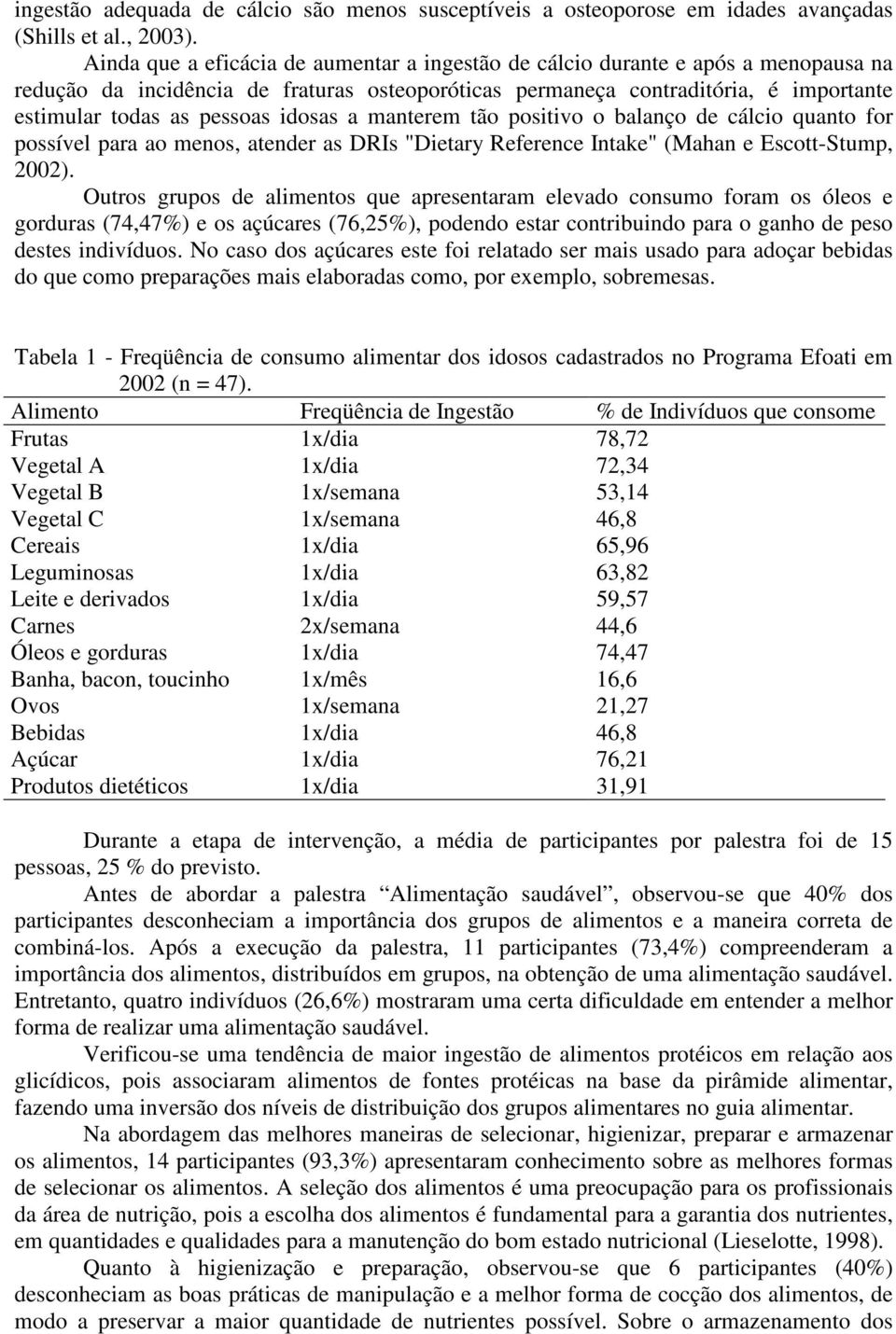 idosas a manterem tão positivo o balanço de cálcio quanto for possível para ao menos, atender as DRIs "Dietary Reference Intake" (Mahan e Escott-Stump, 2002).