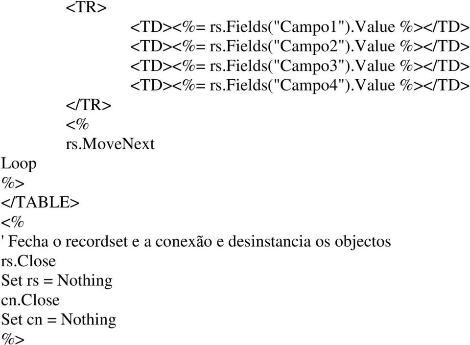 value </TD> <TD>= rs.fields("campo4").