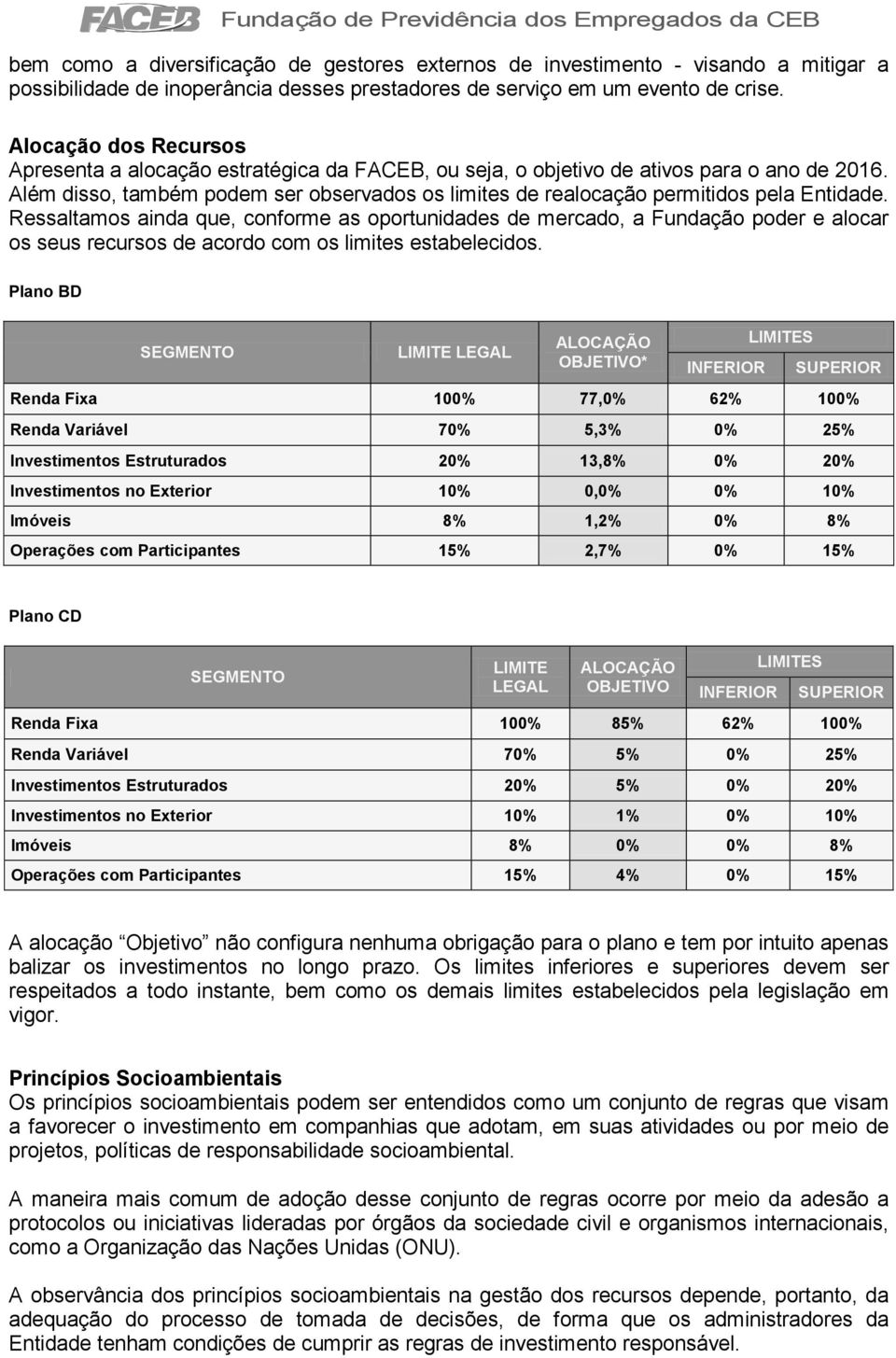 Além disso, também podem ser observados os limites de realocação permitidos pela Entidade.