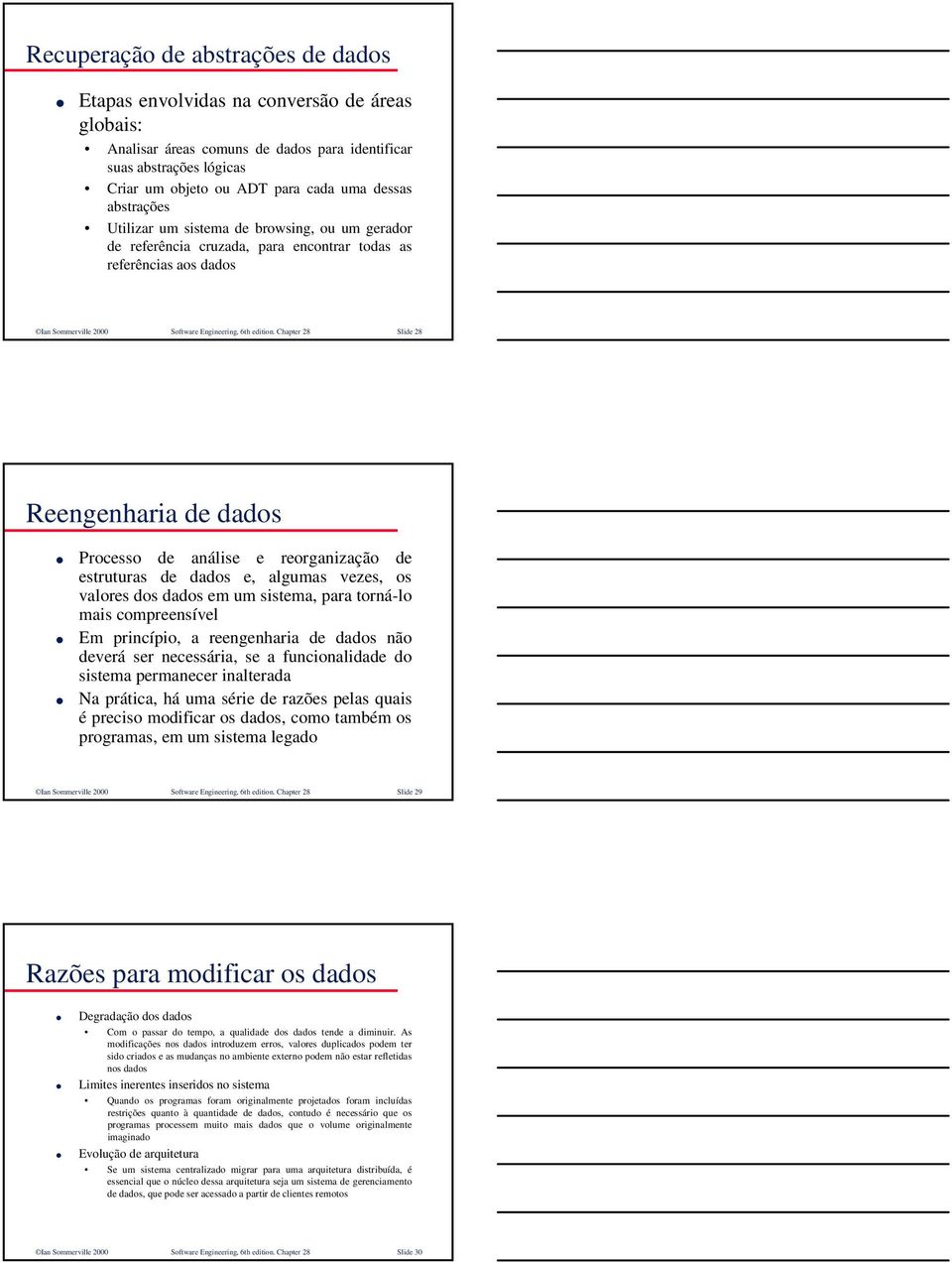 Chapter 28 Slide 28 Reengenharia de dados Processo de análise e reorganização de estruturas de dados e, algumas vezes, os valores dos dados em um sistema, para torná-lo mais compreensível Em