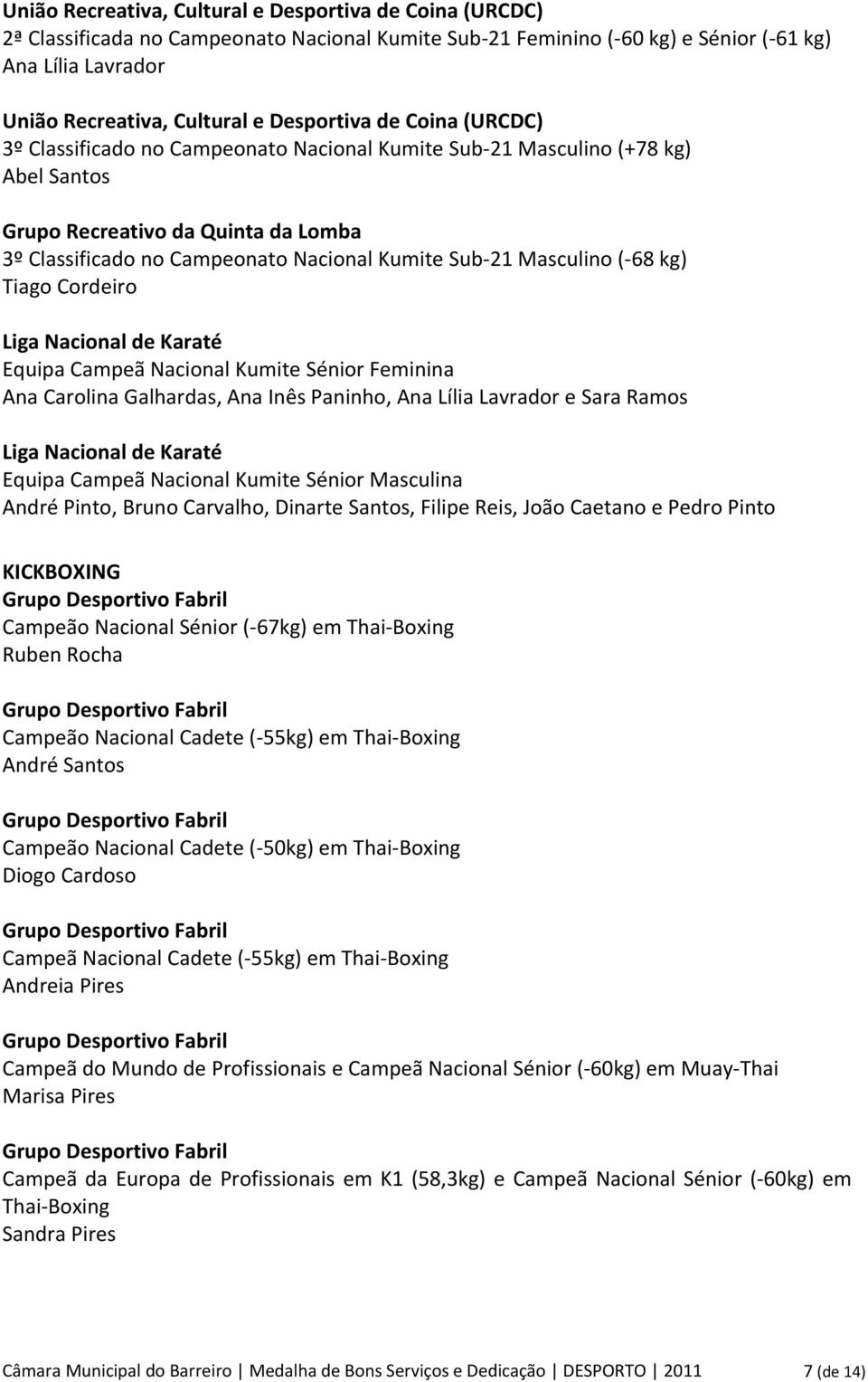 21 Masculino ( 68 kg) Tiago Cordeiro Liga Nacional de Karaté Equipa Campeã Nacional Kumite Sénior Feminina Ana Carolina Galhardas, Ana Inês Paninho, Ana Lília Lavrador e Sara Ramos Liga Nacional de