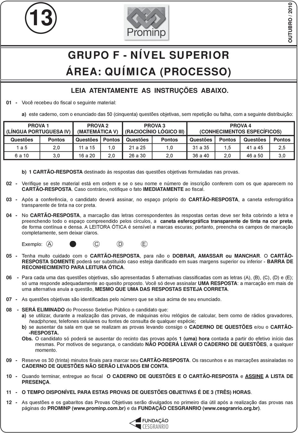 (CONHECIMENTOS ESPECÍFICOS) Questões Pontos Questões Pontos Questões Pontos Questões Pontos Questões Pontos 1 a 5 2,0 11 a 15 1,0 21 a 25 1,0 31 a 35 1,5 41 a 45 2,5 6 a 10 3,0 16 a 20 2,0 26 a 30