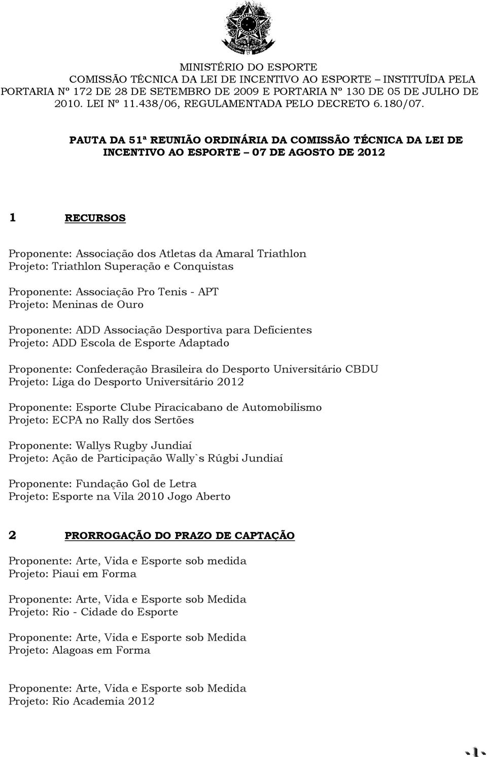 PAUTA DA 51ª REUNIÃO ORDINÁRIA DA COMISSÃO TÉCNICA DA LEI DE INCENTIVO AO ESPORTE 07 DE AGOSTO DE 2012 1 RECURSOS Proponente: Associação dos Atletas da Amaral Triathlon Projeto: Triathlon Superação e