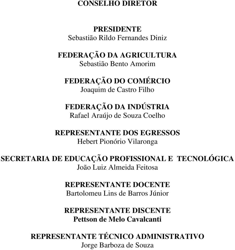 Pionório Vilaronga SECRETARIA DE EDUCAÇÃO PROFISSIONAL E TECNOLÓGICA João Luiz Almeida Feitosa REPRESENTANTE DOCENTE