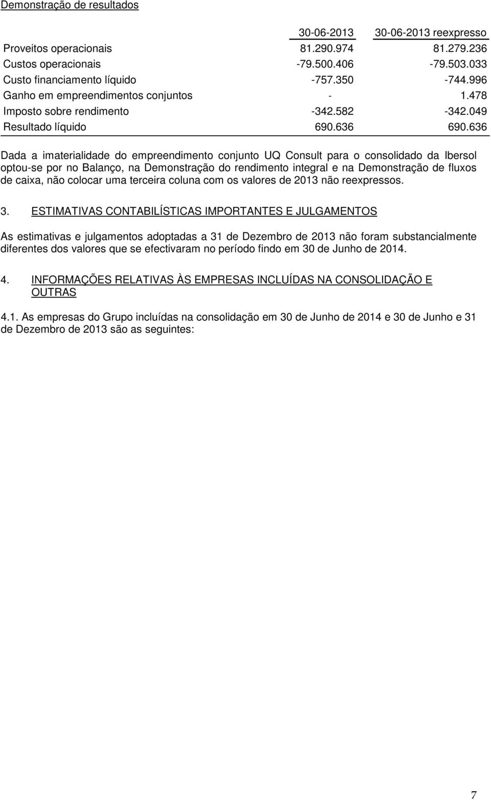 636 Dada a imaterialidade do empreendimento conjunto UQ Consult para o consolidado da Ibersol optou-se por no Balanço, na Demonstração do rendimento integral e na Demonstração de fluxos de caixa, não