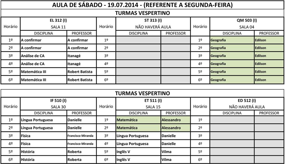 IF 510 (I) ET 511 (I) ED 512 (I) SALA 30 SALA 15 1º Língua Portuguesa Danielle 1º Matemática Alessandro 1º 2º Língua Portuguesa Danielle 2º Matemática Alessandro 2º 3º Física