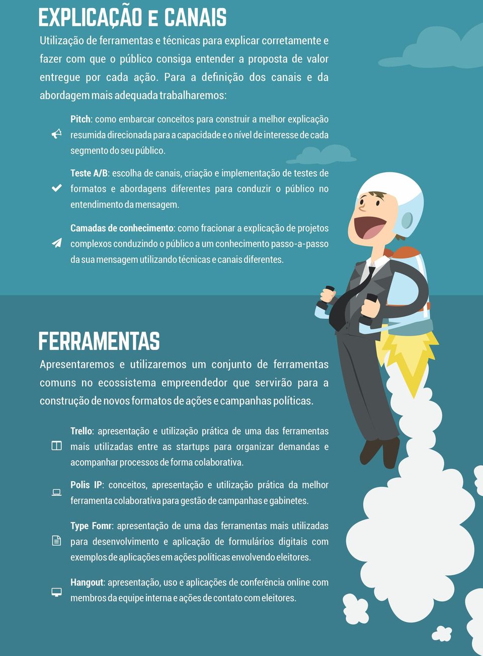 de cada segmento do seu público. Teste A/B: escolha de canais, criação e implementação de testes de formatos e abordagens diferentes para conduzir o público no entendimento da mensagem.