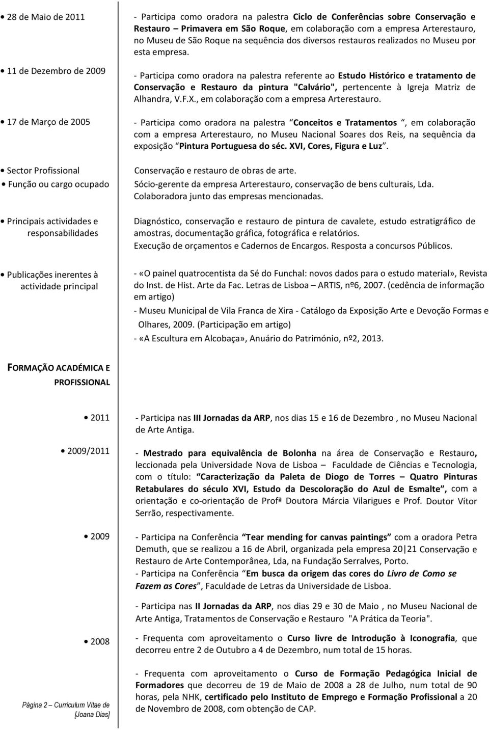 empresa. - Participa como oradora na palestra referente ao Estudo Histórico e tratamento de Conservação e Restauro da pintura "Calvário", pertencente à Igreja Matriz de Alhandra, V.F.X.