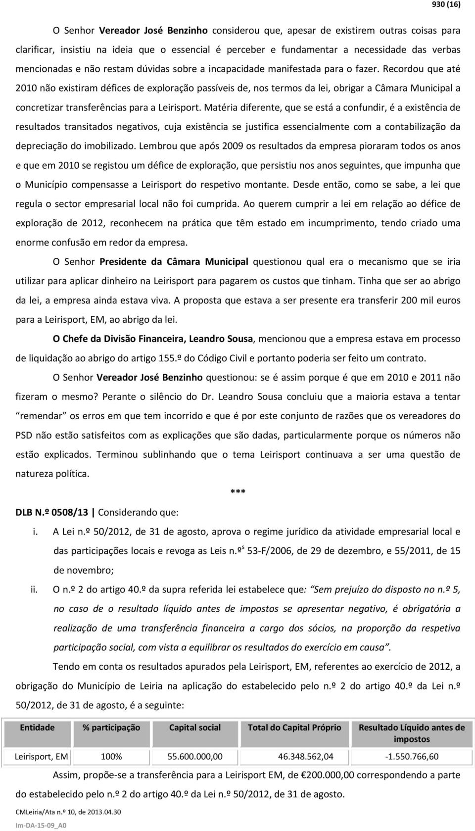 Recordou que até 2010 não existiram défices de exploração passíveis de, nos termos da lei, obrigar a Câmara Municipal a concretizar transferências para a Leirisport.