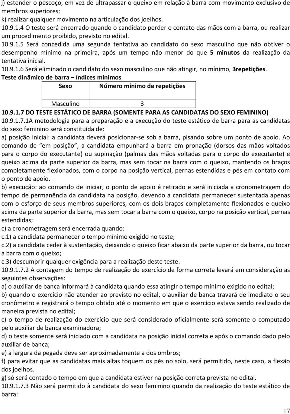 10.9.1.6 Será eliminado o candidato do sexo masculino que não atingir, no mínimo, 3repetições. Teste dinâmico de barra índices mínimos Sexo Número mínimo de repetições Masculino 3 10.9.1.7 DO TESTE ESTÁTICO DE BARRA (SOMENTE PARA AS CANDIDATAS DO SEXO FEMININO) 10.