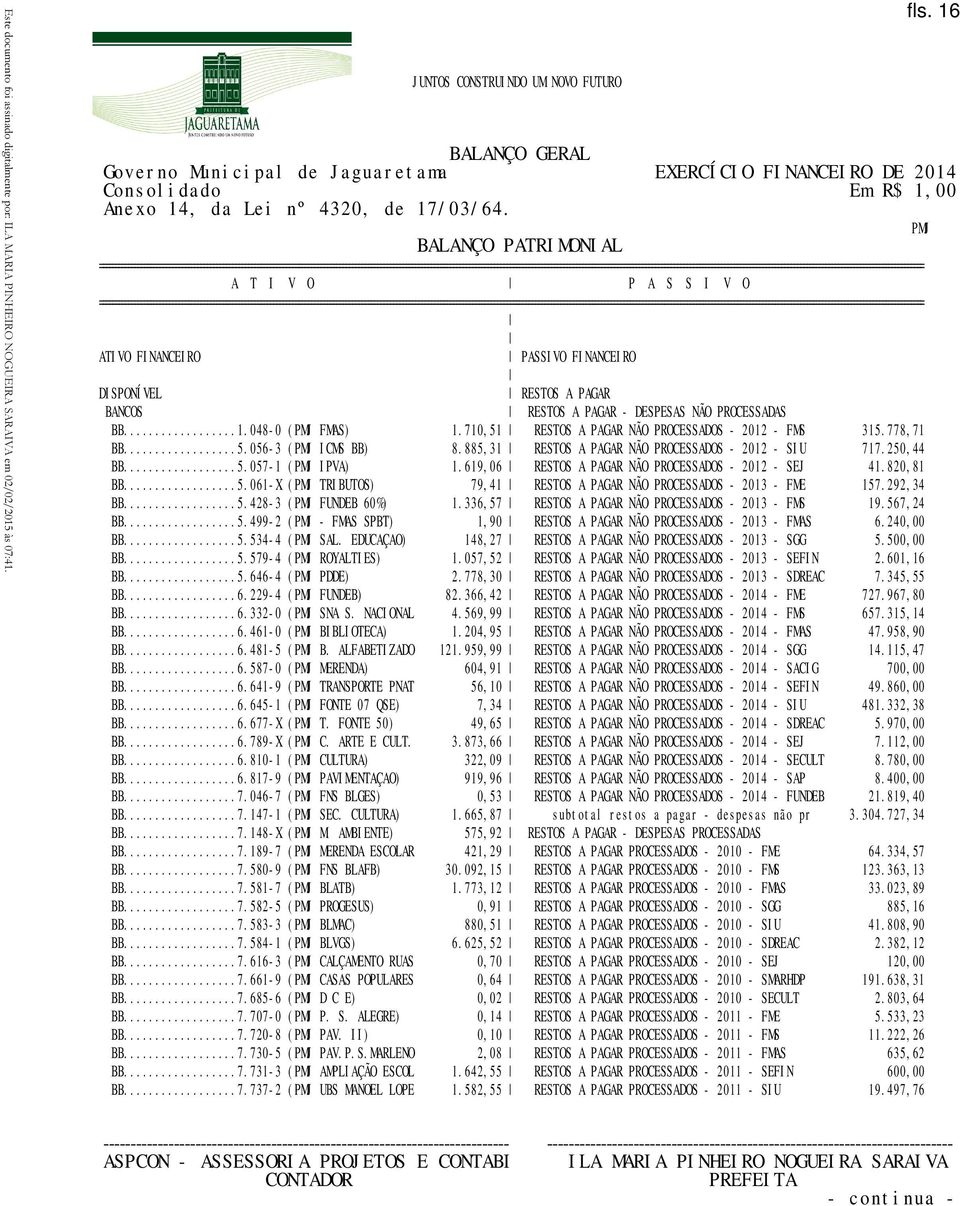 710,51 RESTOS A PAGAR NÃO PROCESSADOS - 2012 - FMS 315.778,71 BB...5.056-3 (PMJ ICMS BB) 8.885,31 RESTOS A PAGAR NÃO PROCESSADOS - 2012 - SIU 717.250,44 BB...5.057-1 (PMJ IPVA) 1.