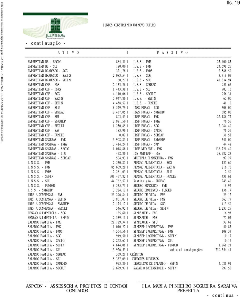 443,39 I.S.S - SEJ 703,10 EMPRESTIMO CEF - SGG 4.110,06 I.S.S - SECULT 956,31 EMPRESTIMO CEF - SACIG 5.947,86 I.S.S. - SEFIN 65,00 EMPRESTIMO CEF - SEFIN 4.458,52 I.S.S. - FUNDEB 41,10 EMPRESTIMO CEF - SIU 8.