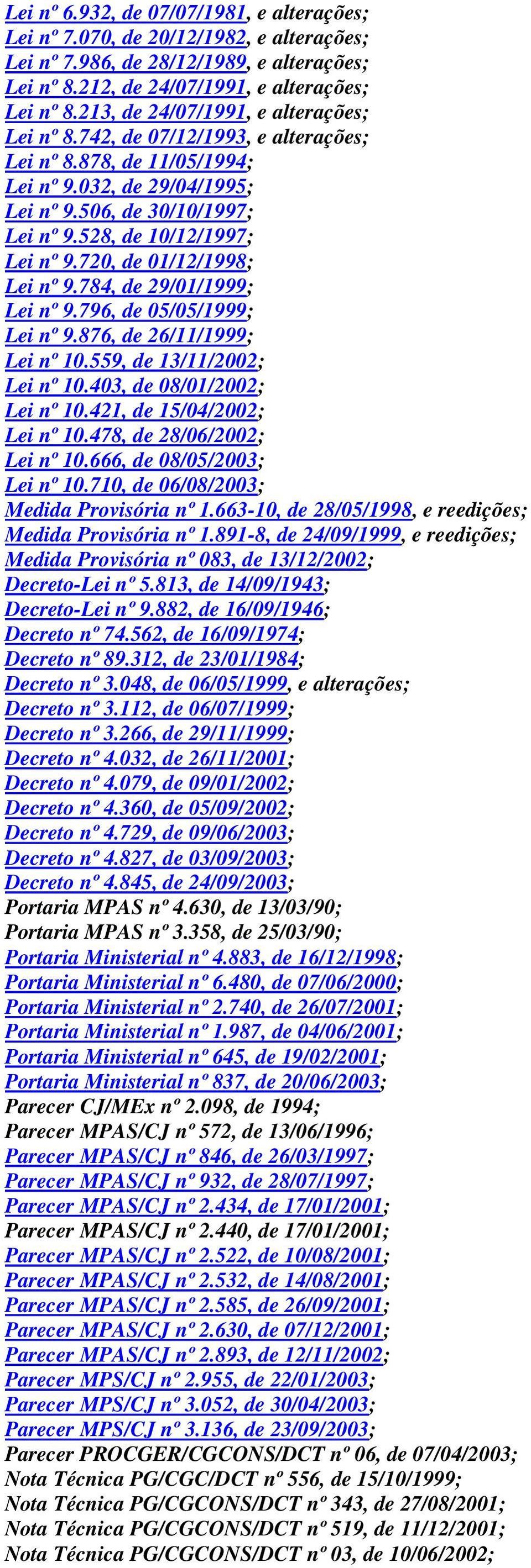 528, de 10/12/1997; Lei nº 9.720, de 01/12/1998; Lei nº 9.784, de 29/01/1999; Lei nº 9.796, de 05/05/1999; Lei nº 9.876, de 26/11/1999; Lei nº 10.559, de 13/11/2002; Lei nº 10.