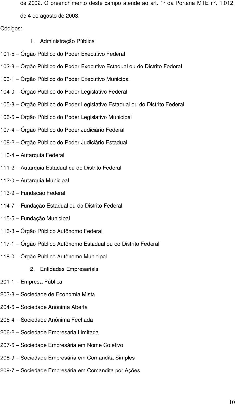 Órgão Público do Poder Legislativo Federal 105-8 Órgão Público do Poder Legislativo Estadual ou do Distrito Federal 106-6 Órgão Público do Poder Legislativo Municipal 107-4 Órgão Público do Poder