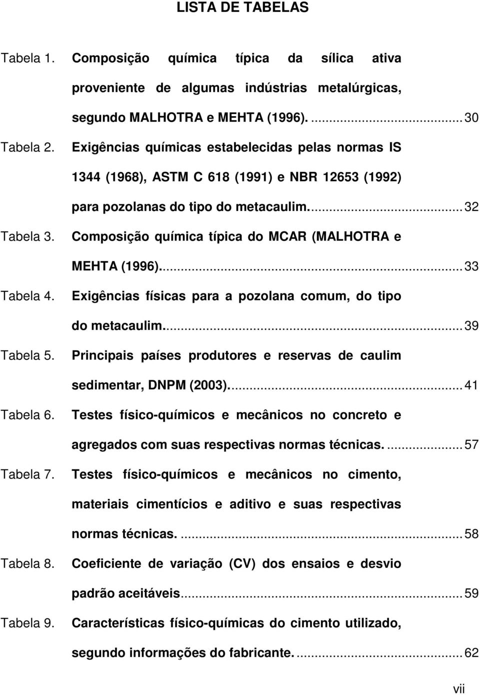 Composição química típica do MCAR (MALHOTRA e MEHTA (1996)...33 Tabela 4. Exigências físicas para a pozolana comum, do tipo do metacaulim...39 Tabela 5.