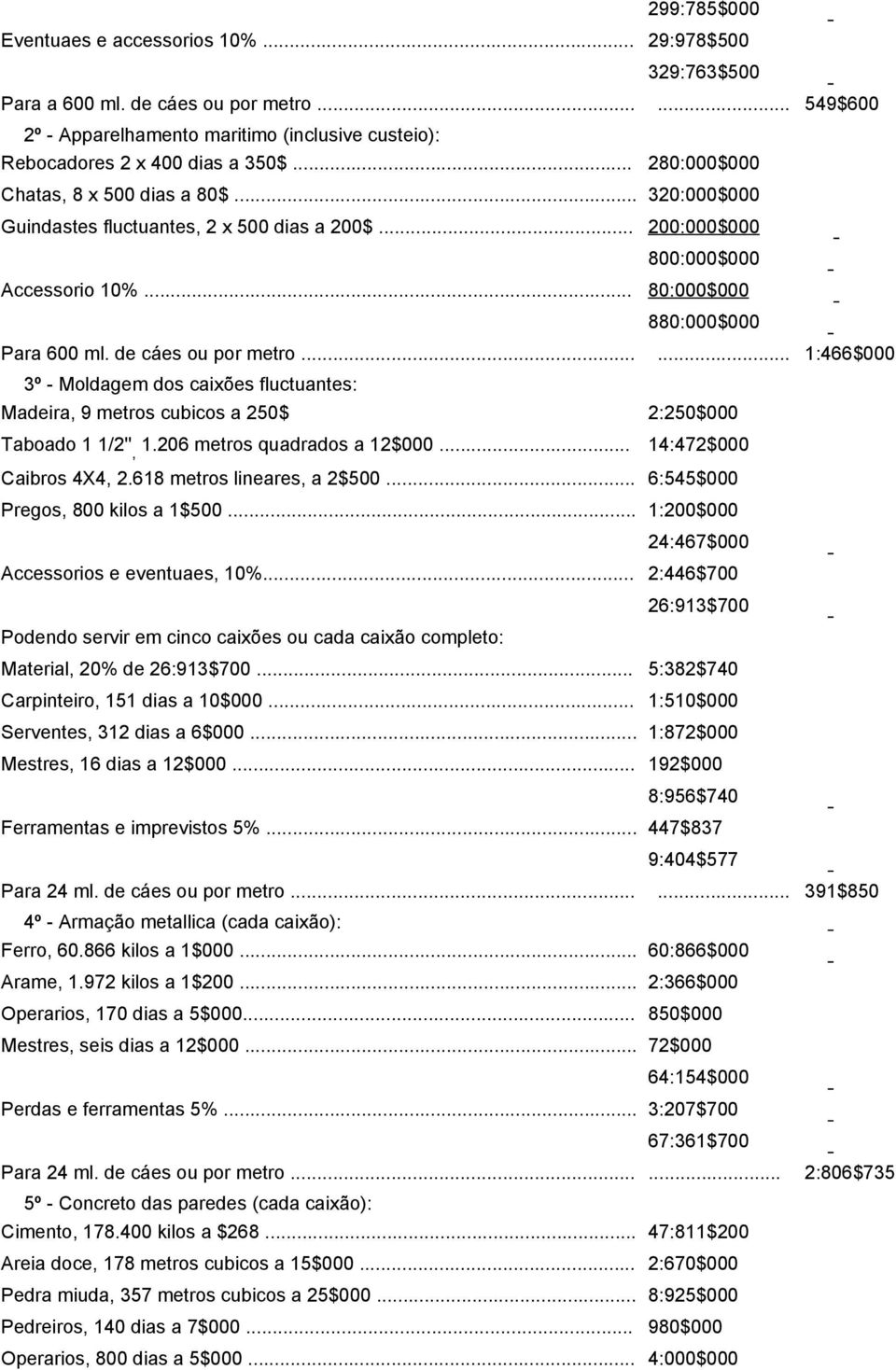 de cáes ou por metro...... 1:466$000 3º - Moldagem dos caixões fluctuantes: Madeira, 9 metros cubicos a 250$ 2:250$000 Taboado 1 1/2'', 1.206 metros quadrados a 12$000... 14:472$000 Caibros 4X4, 2.