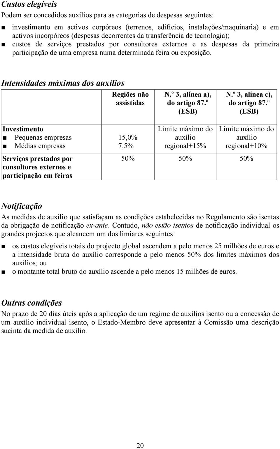 Intensidades máximas dos auxílios Regiões não assistidas N.º 3, alínea a), do artigo 87.º (ESB) N.º 3, alínea c), do artigo 87.