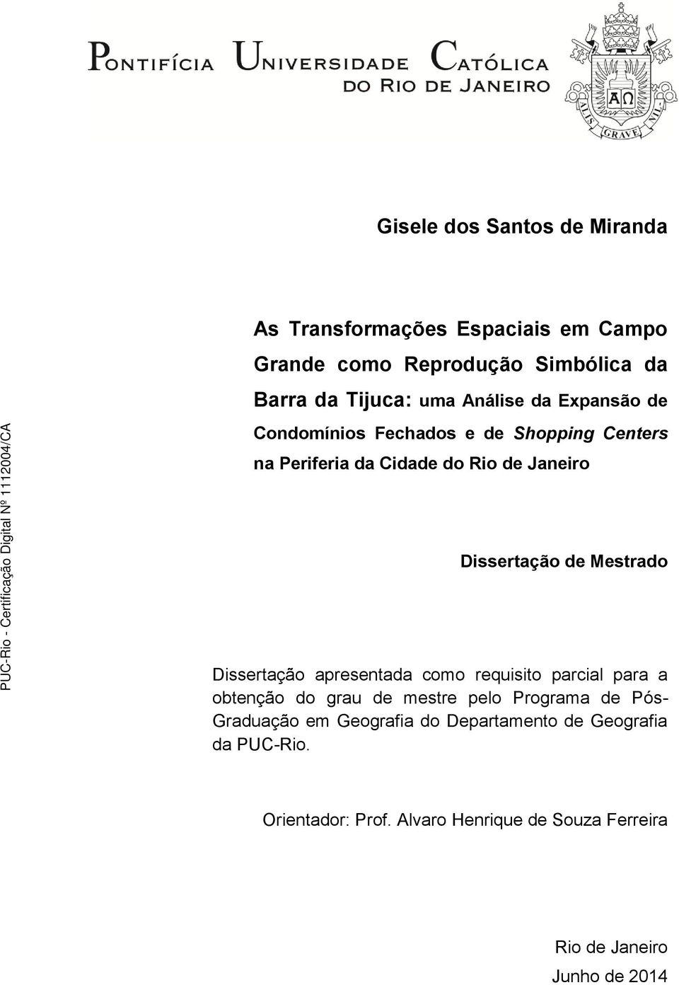 Mestrado Dissertação apresentada como requisito parcial para a obtenção do grau de mestre pelo Programa de Pós- Graduação em