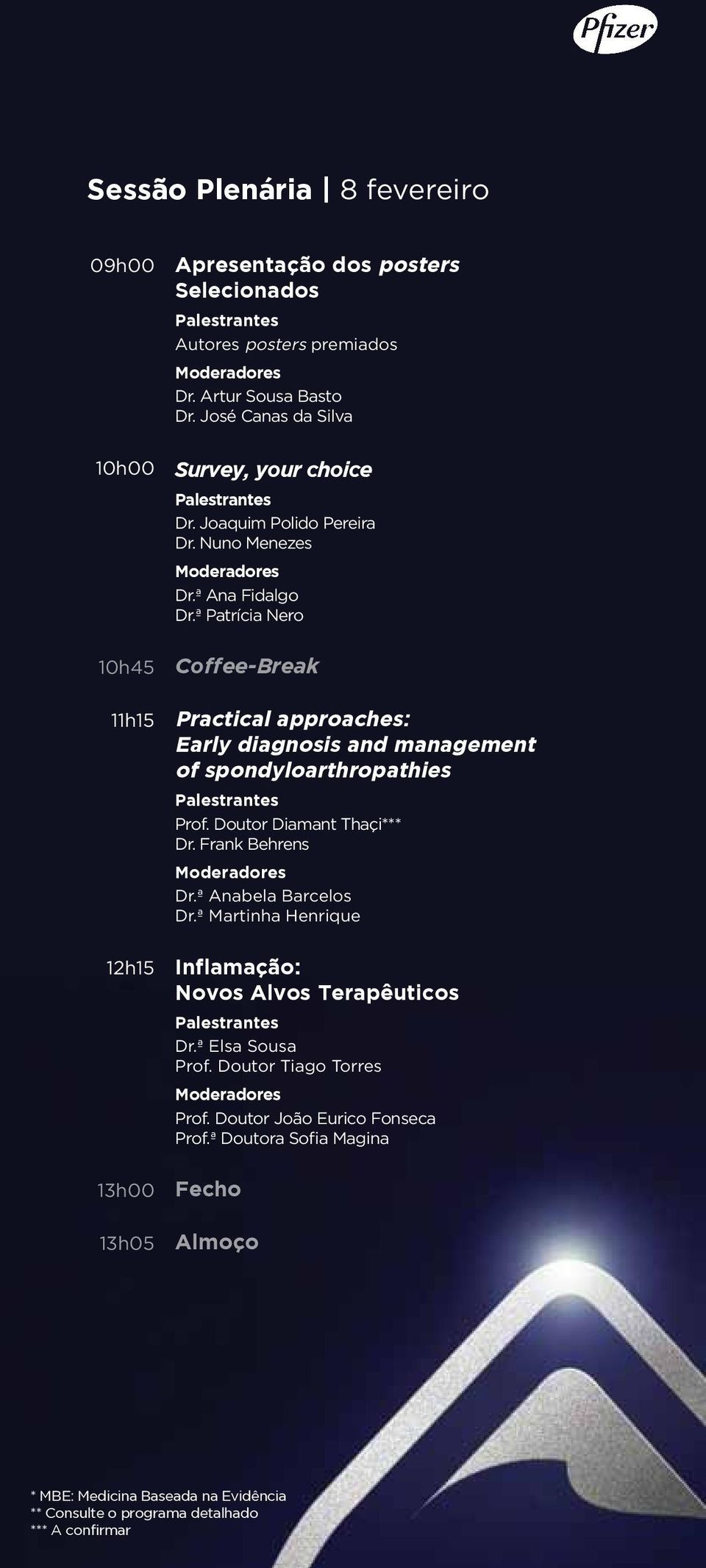 ª Patrícia Nero Coffee-Break Practical approaches: Early diagnosis and management of spondyloarthropathies Prof. Doutor Diamant Thaçi*** Dr. Frank Behrens Dr.