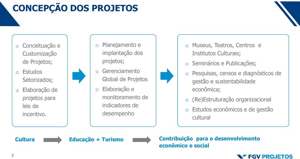 Teatros, Centros e Institutos Culturais; o Seminários e Publicações; o Pesquisas, censos e diagnósticos de gestão e sustentabilidade econômica; o