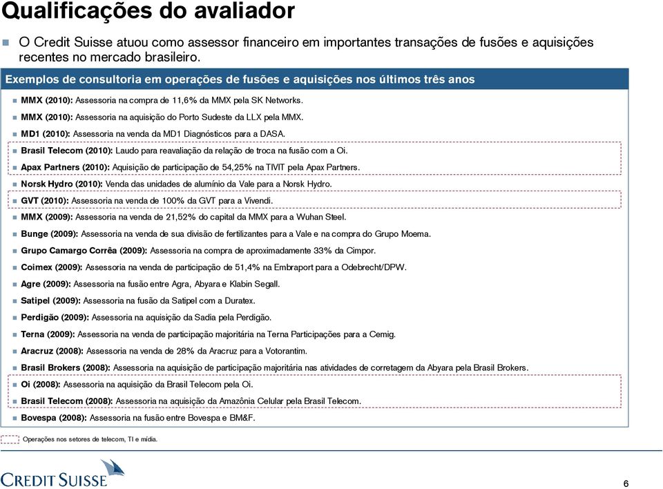 MMX (2010): Assessoria na aquisição do Porto Sudeste da LLX pela MMX. MD1 (2010): Assessoria na venda da MD1 Diagnósticos para a DASA.