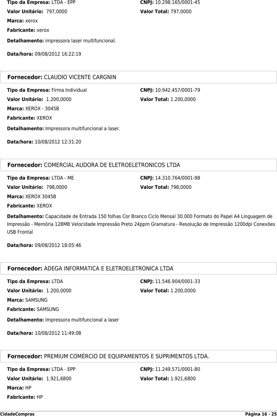 200,0000 Marca: XEROX - 3045B Fabricante: XEROX Detalhamento: Impressora multifuncional a laser.